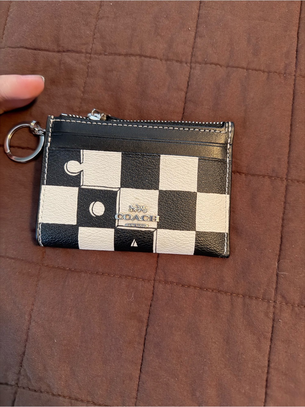 Coach new Checkerboard Card Case Keyring - Black & White